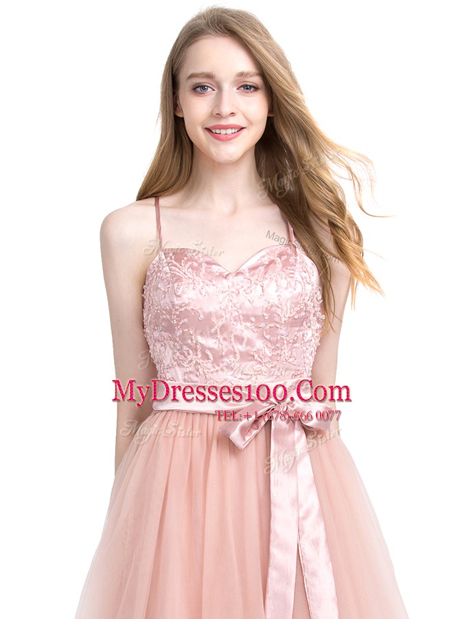 Beauteous Spaghetti Straps Sleeveless Prom Gown Floor Length Beading Pink Tulle