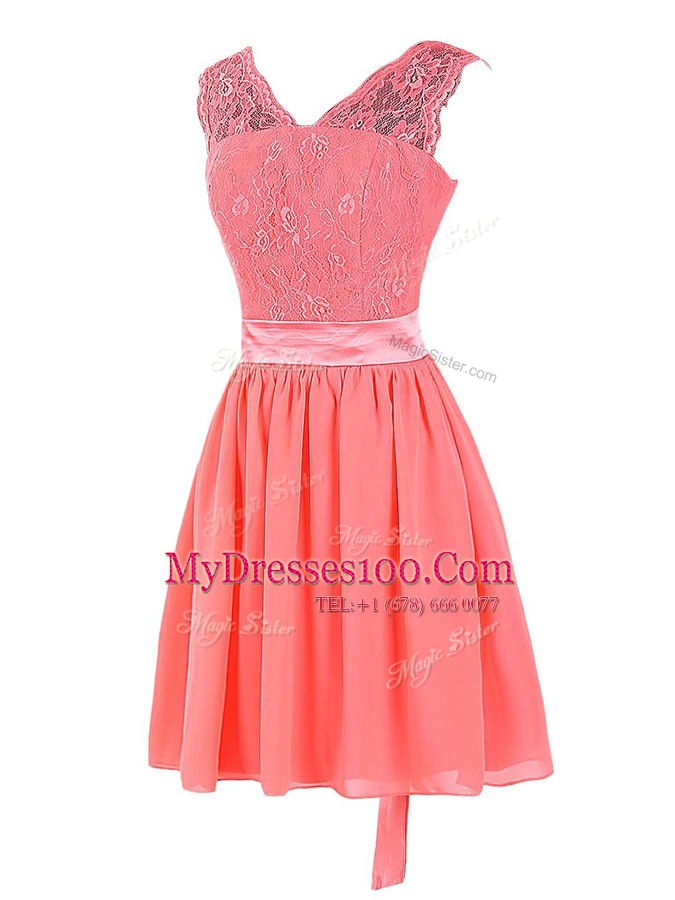 New Style Watermelon Red V-neck Zipper Lace and Sashes ribbons Prom Party Dress Sleeveless