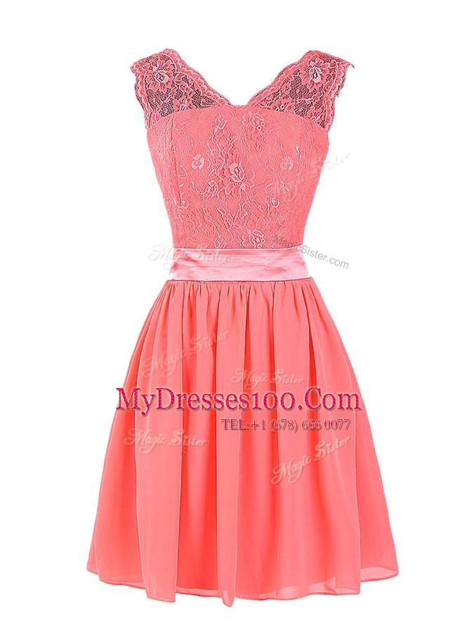 New Style Watermelon Red V-neck Zipper Lace and Sashes ribbons Prom Party Dress Sleeveless