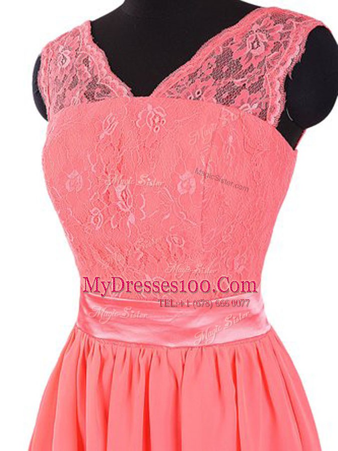 New Style Watermelon Red V-neck Zipper Lace and Sashes ribbons Prom Party Dress Sleeveless