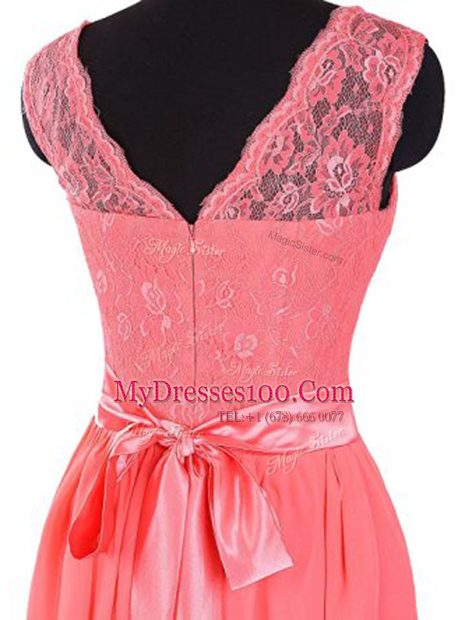 New Style Watermelon Red V-neck Zipper Lace and Sashes ribbons Prom Party Dress Sleeveless