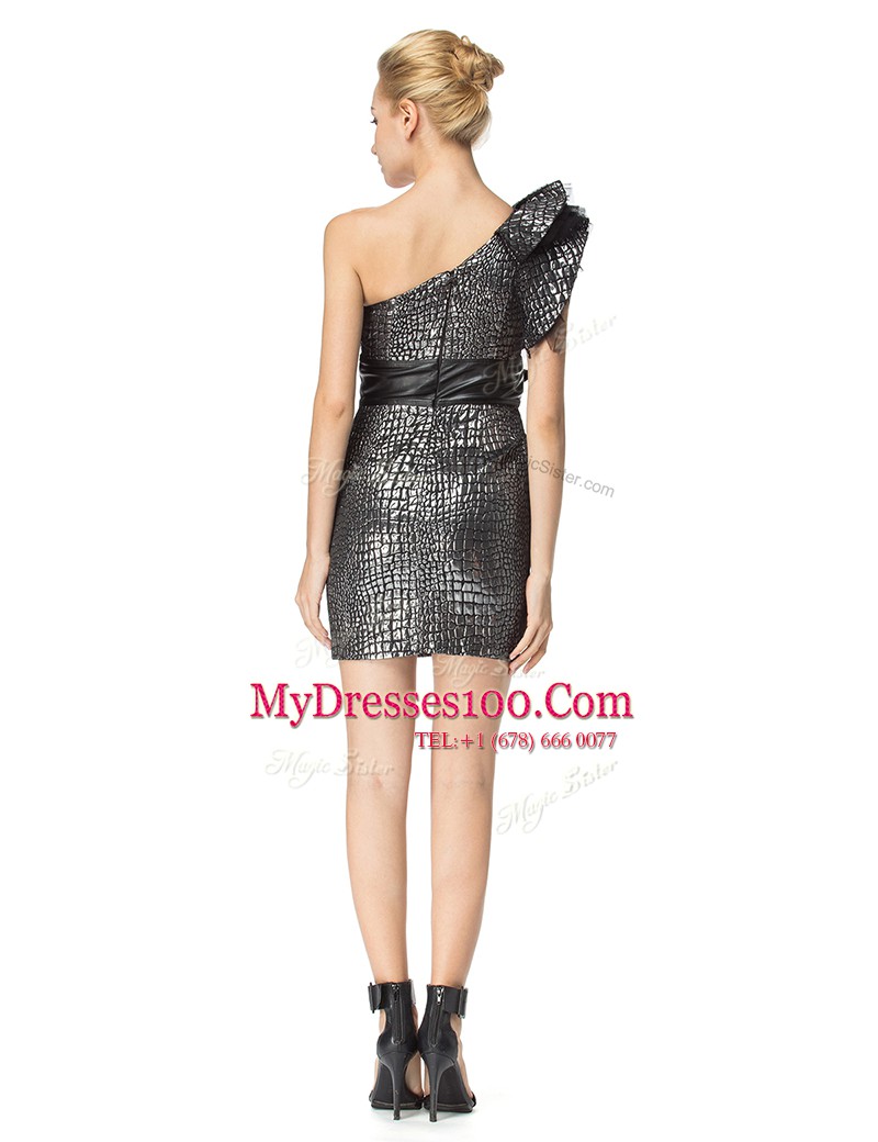 Affordable Printed Black One Shoulder Zipper Ruching and Pattern Prom Gown Sleeveless