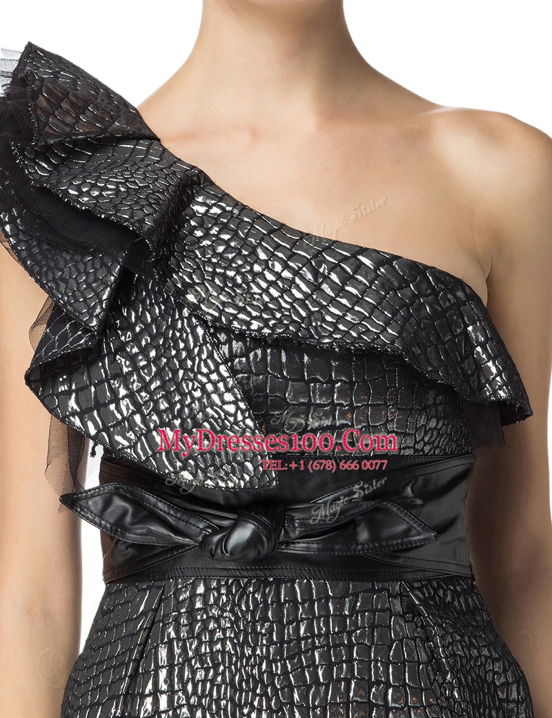 Affordable Printed Black One Shoulder Zipper Ruching and Pattern Prom Gown Sleeveless
