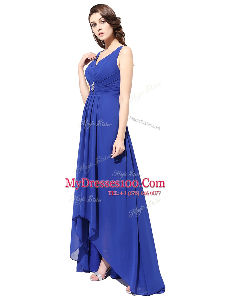 Royal Blue Column/Sheath Chiffon V-neck Sleeveless Ruching With Train Zipper Prom Evening Gown Brush Train