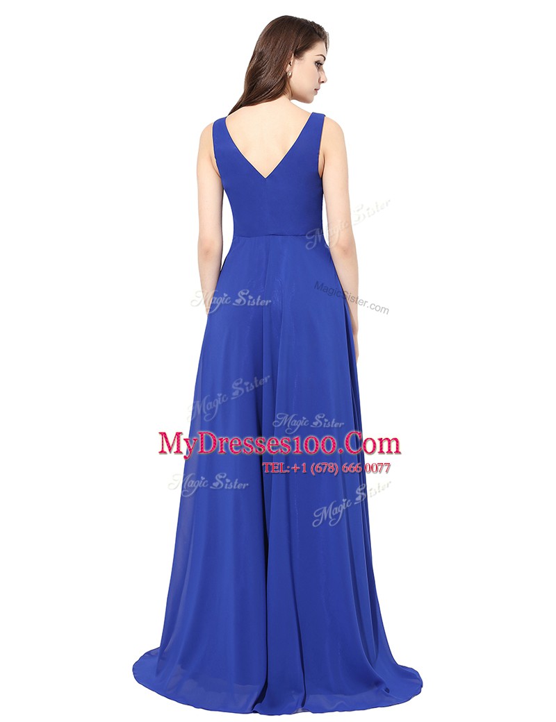 Royal Blue Column/Sheath Chiffon V-neck Sleeveless Ruching With Train Zipper Prom Evening Gown Brush Train