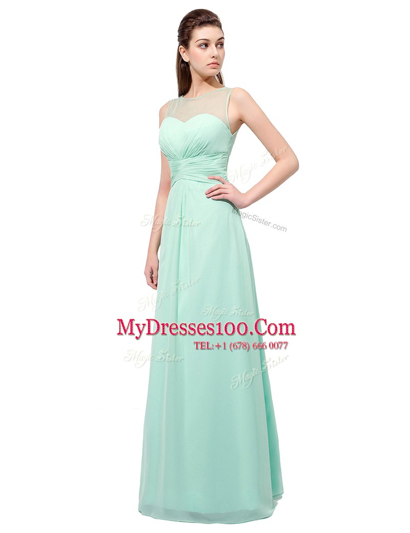 Scoop Sleeveless Floor Length Ruching Zipper Dress for Prom with Turquoise