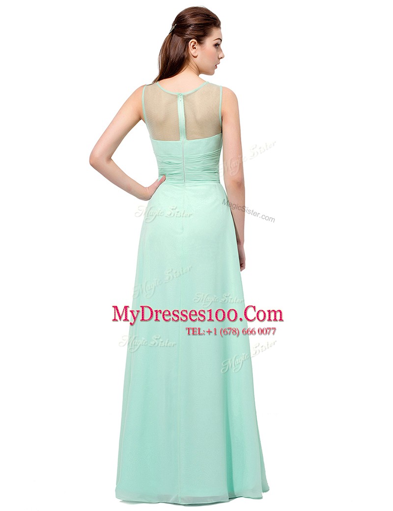 Scoop Sleeveless Floor Length Ruching Zipper Dress for Prom with Turquoise