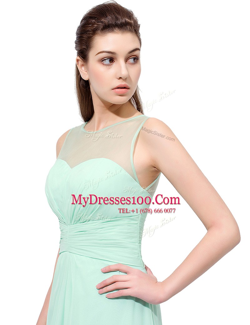 Scoop Sleeveless Floor Length Ruching Zipper Dress for Prom with Turquoise