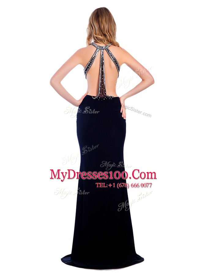 Simple High-neck Sleeveless Sweep Train Criss Cross Navy Blue Silk Like Satin
