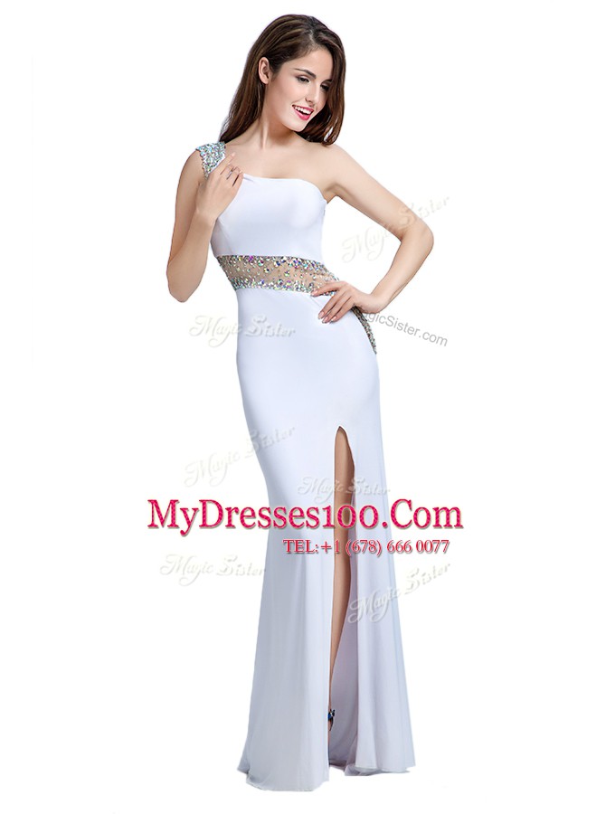 Stylish White One Shoulder Neckline Beading Prom Party Dress Sleeveless Side Zipper