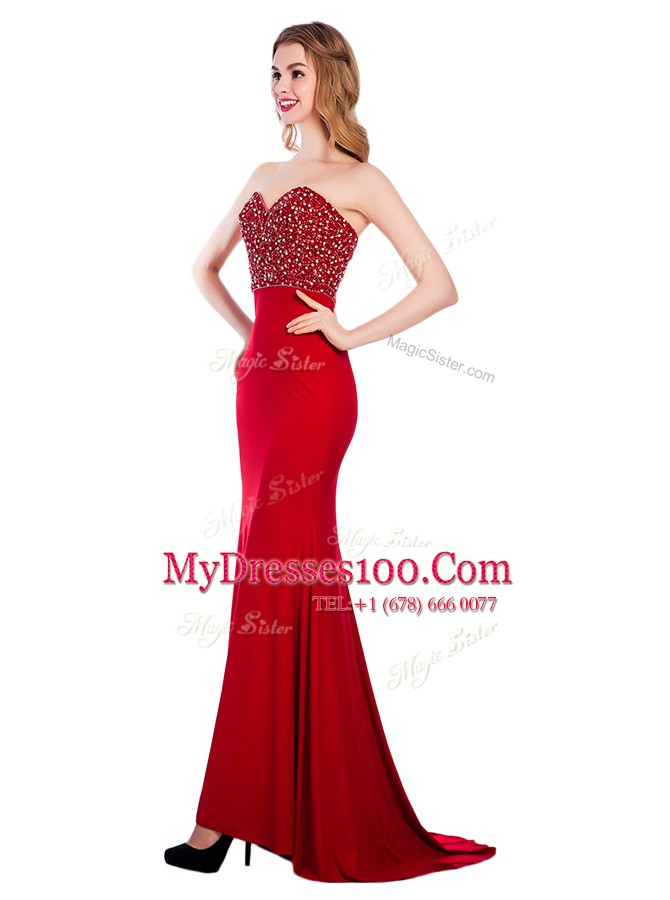 Romantic Mermaid Sweetheart Sleeveless Sweep Train Zipper Prom Evening Gown Wine Red Elastic Woven Satin