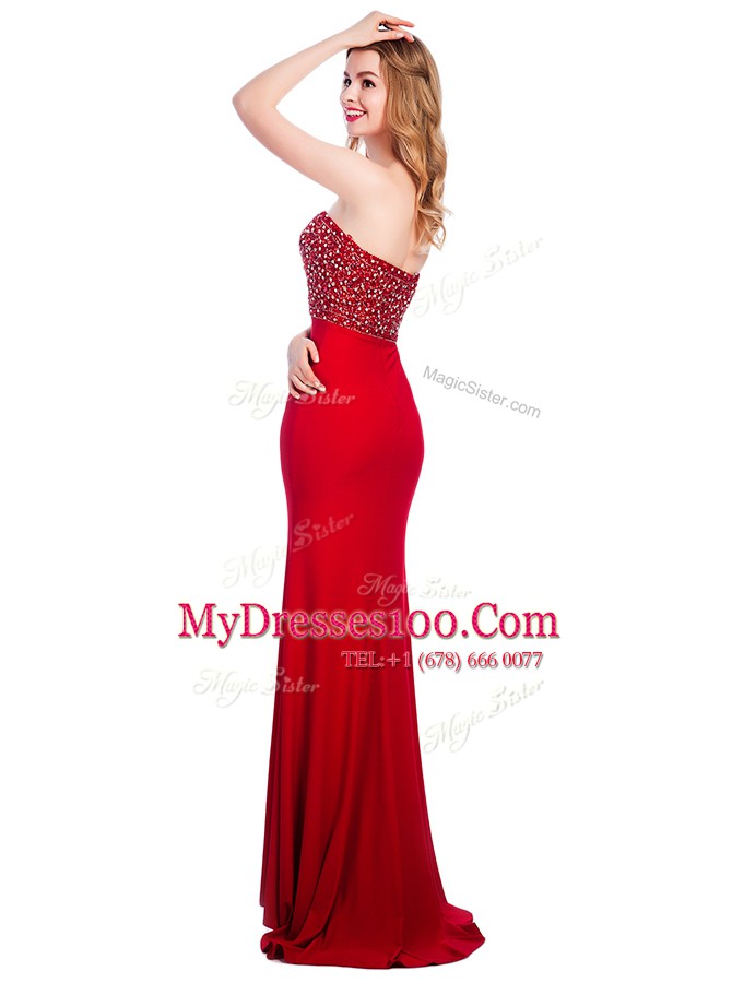 Romantic Mermaid Sweetheart Sleeveless Sweep Train Zipper Prom Evening Gown Wine Red Elastic Woven Satin