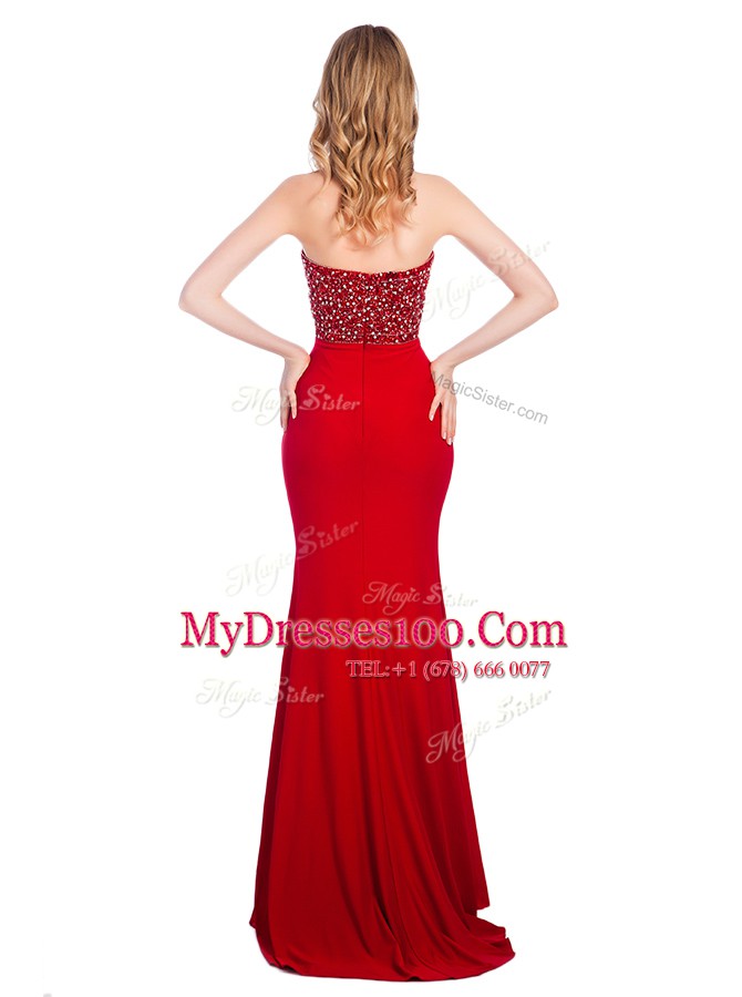 Romantic Mermaid Sweetheart Sleeveless Sweep Train Zipper Prom Evening Gown Wine Red Elastic Woven Satin