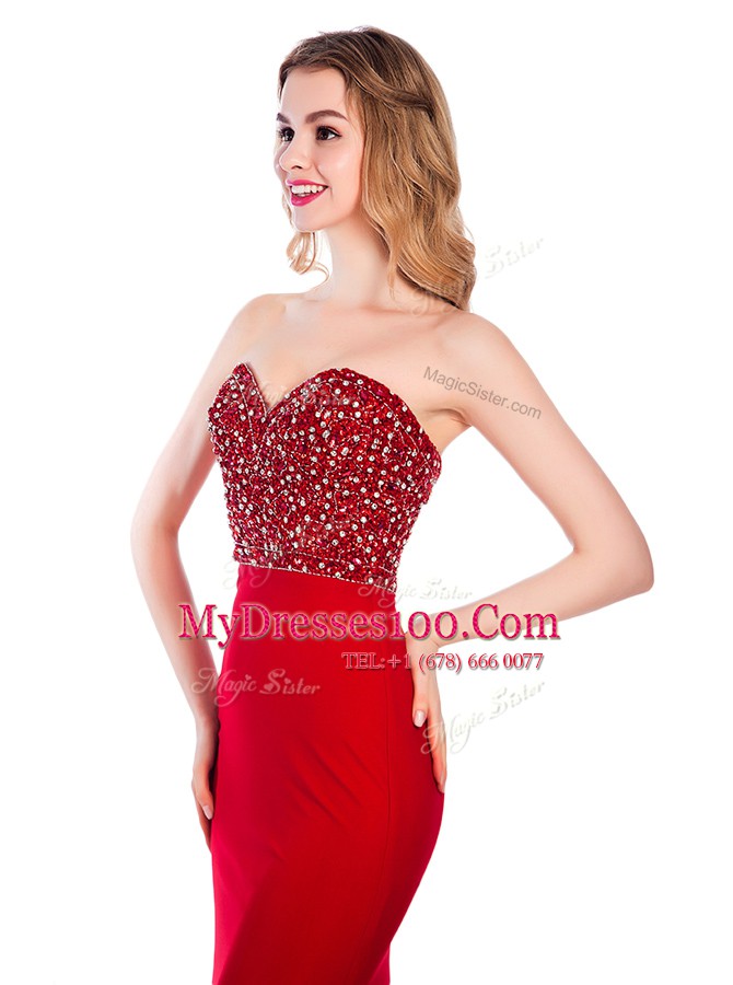 Romantic Mermaid Sweetheart Sleeveless Sweep Train Zipper Prom Evening Gown Wine Red Elastic Woven Satin