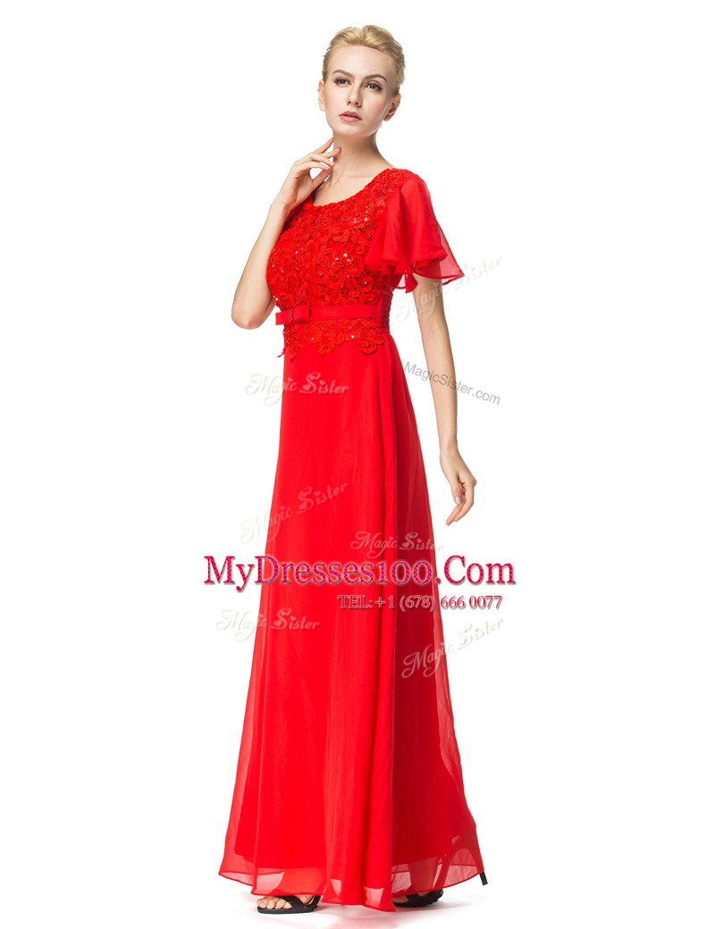Artistic Floor Length Red Prom Evening Gown Scoop Short Sleeves Backless