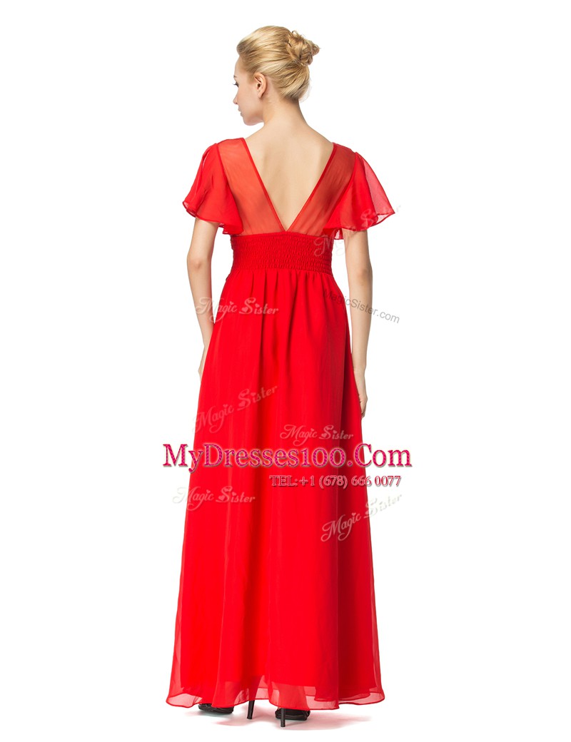 Artistic Floor Length Red Prom Evening Gown Scoop Short Sleeves Backless