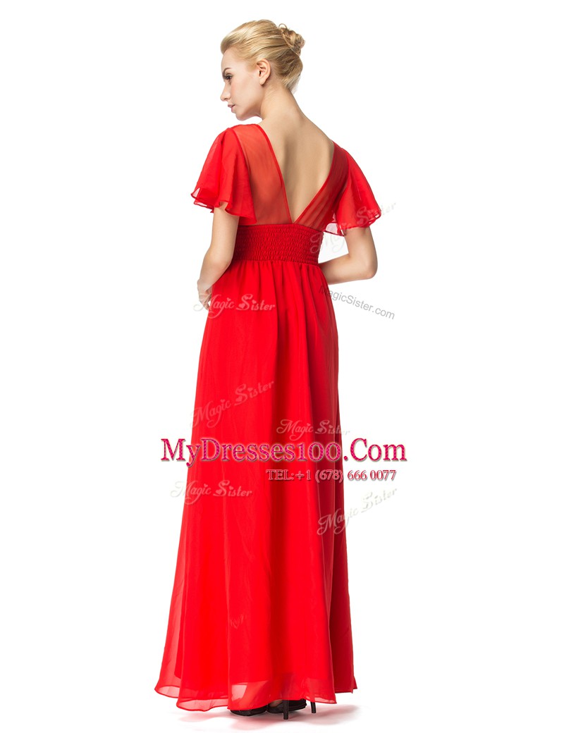 Artistic Floor Length Red Prom Evening Gown Scoop Short Sleeves Backless