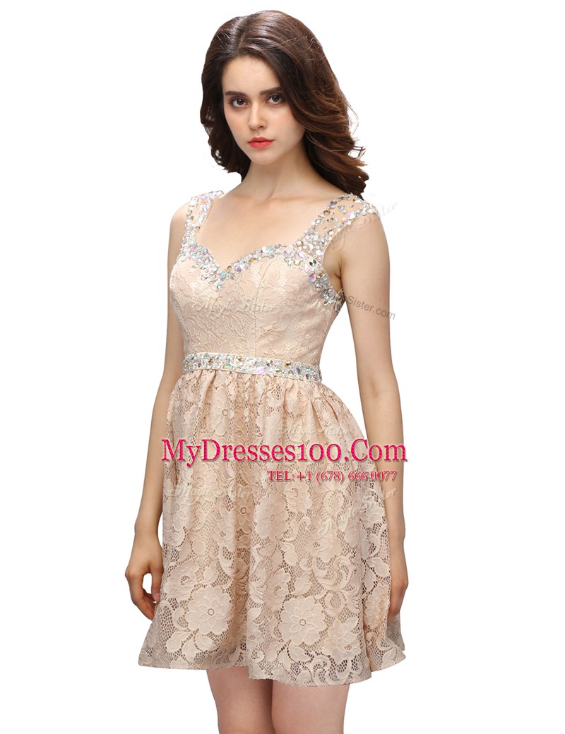 Clearance Champagne Lace Side Zipper Sweetheart Sleeveless Mini Length Club Wear Lace