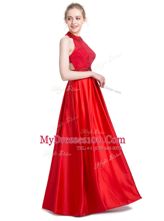 Halter Top Sleeveless Zipper Floor Length Beading Dress for Prom