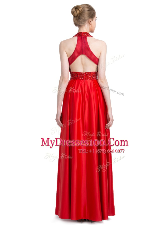 Halter Top Sleeveless Zipper Floor Length Beading Dress for Prom