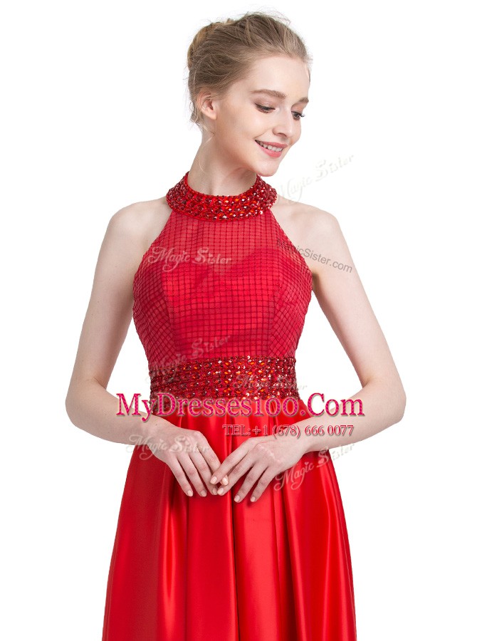 Halter Top Sleeveless Zipper Floor Length Beading Dress for Prom