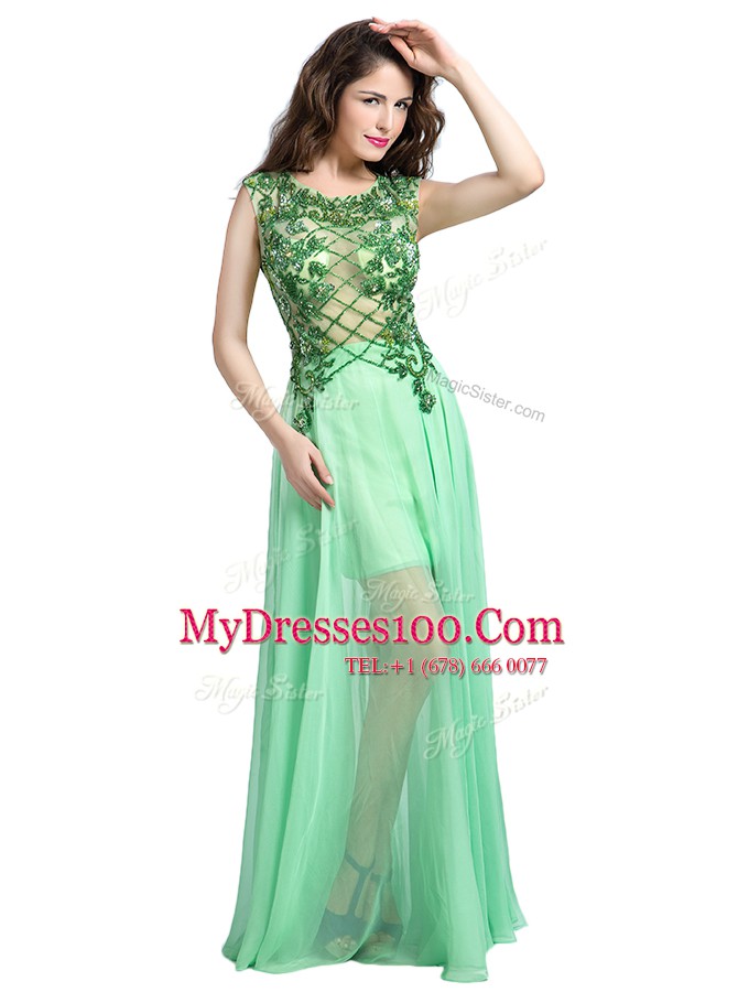 Artistic Scoop Sleeveless Tulle Floor Length Backless Prom Evening Gown in Apple Green with Beading and Appliques