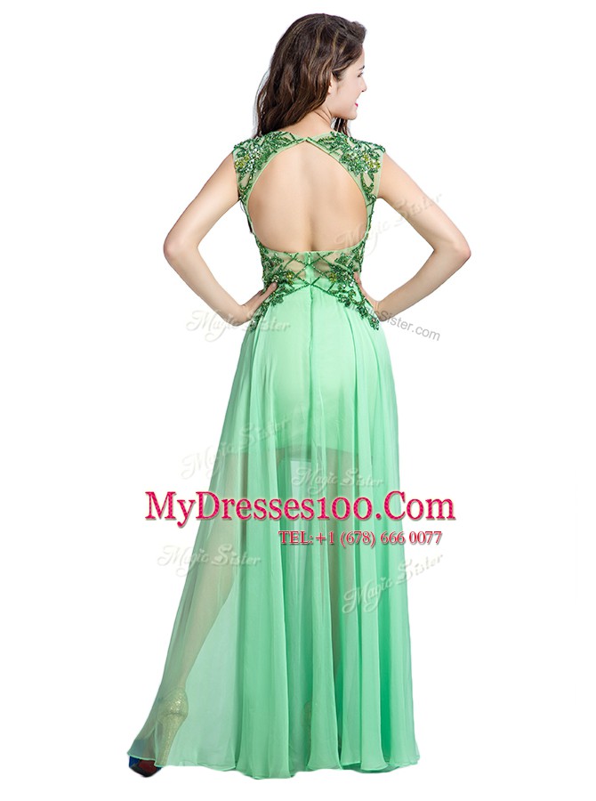Artistic Scoop Sleeveless Tulle Floor Length Backless Prom Evening Gown in Apple Green with Beading and Appliques