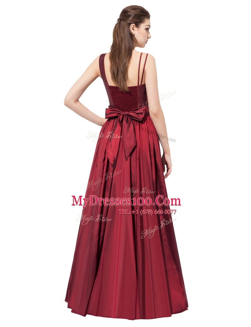 Sleeveless Elastic Woven Satin Floor Length Side Zipper in Burgundy with Beading and Bowknot