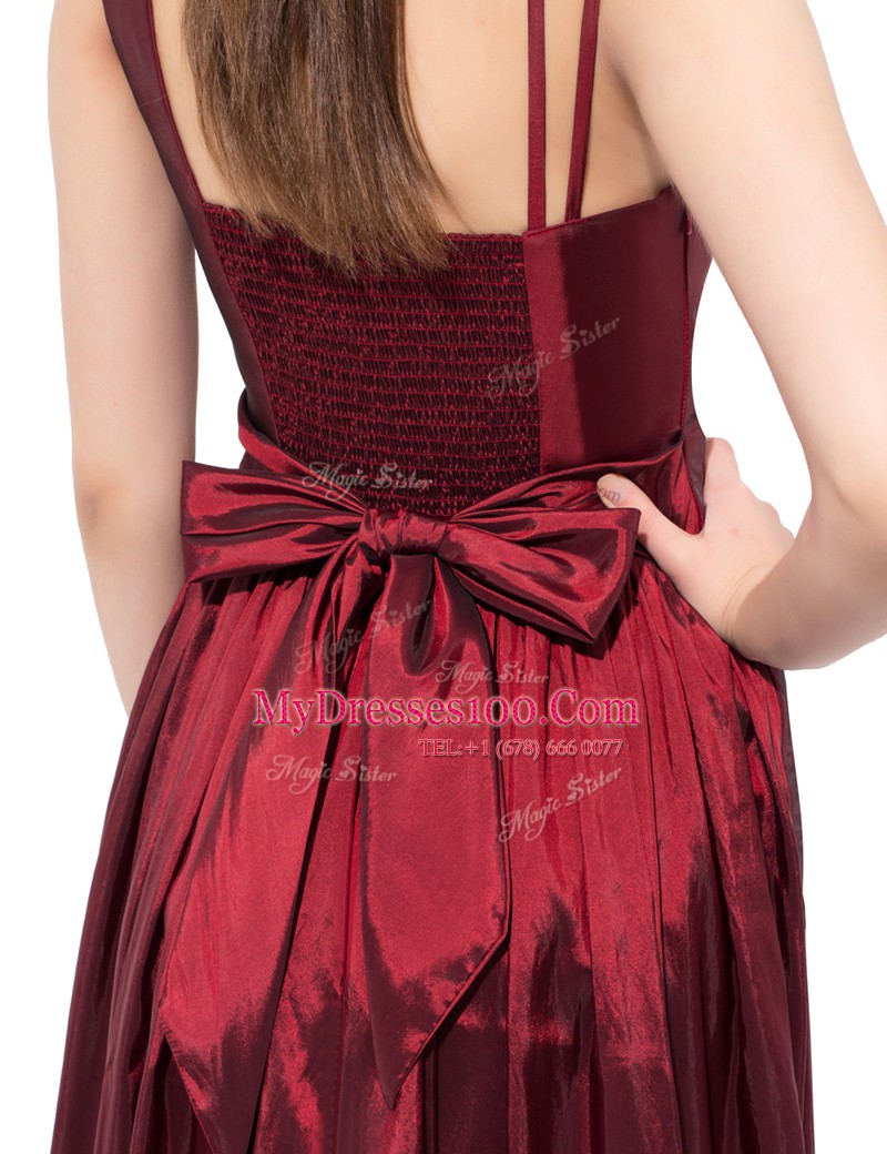 Sleeveless Elastic Woven Satin Floor Length Side Zipper in Burgundy with Beading and Bowknot