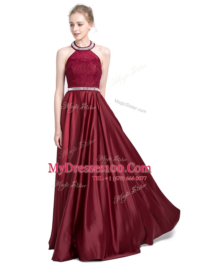 Halter Top Burgundy Sleeveless Floor Length Beading and Lace Zipper Prom Party Dress