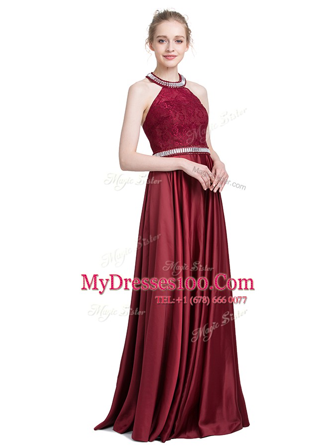 Halter Top Burgundy Sleeveless Floor Length Beading and Lace Zipper Prom Party Dress