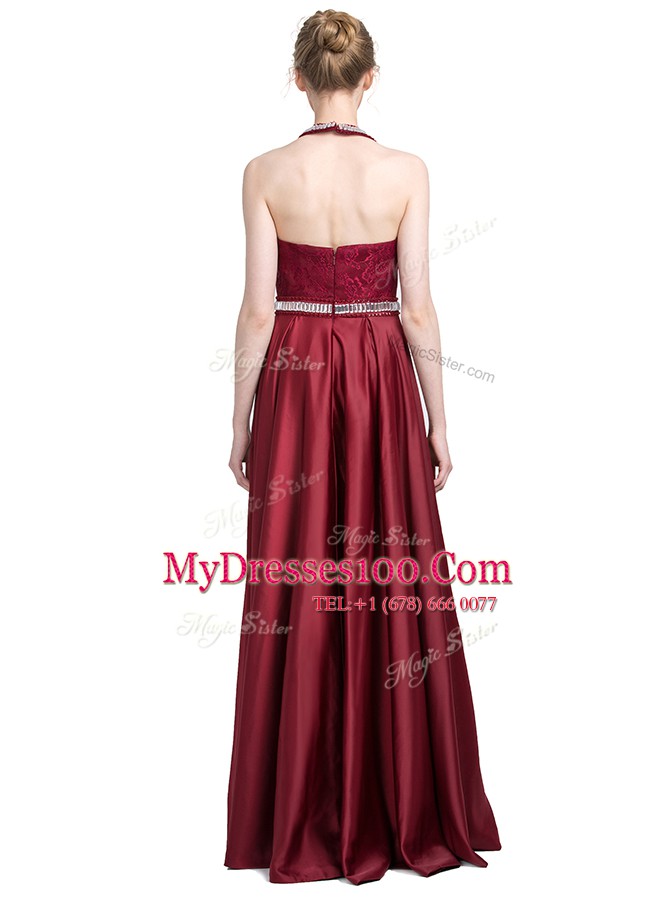 Halter Top Burgundy Sleeveless Floor Length Beading and Lace Zipper Prom Party Dress