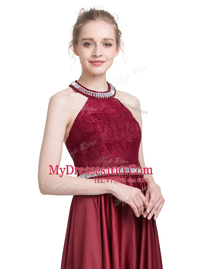 Halter Top Burgundy Sleeveless Floor Length Beading and Lace Zipper Prom Party Dress