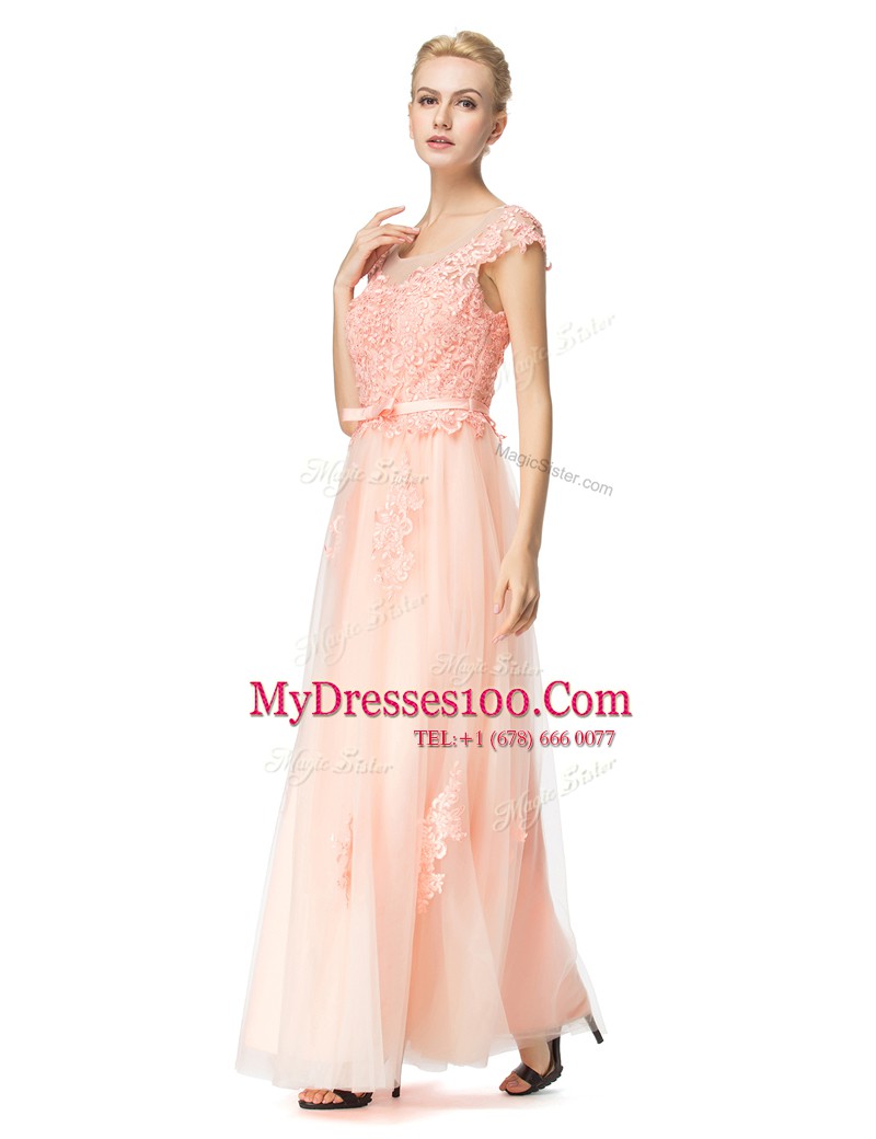 Customized Scoop Floor Length Peach Dress for Prom Tulle Cap Sleeves Lace