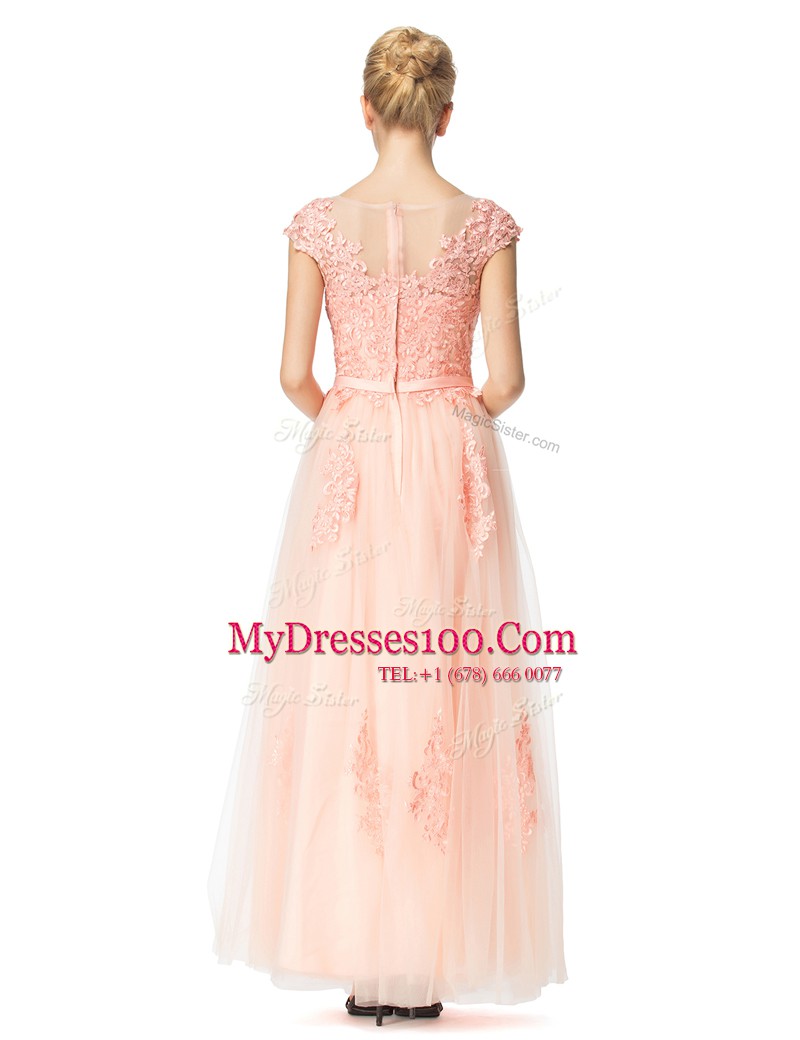 Customized Scoop Floor Length Peach Dress for Prom Tulle Cap Sleeves Lace