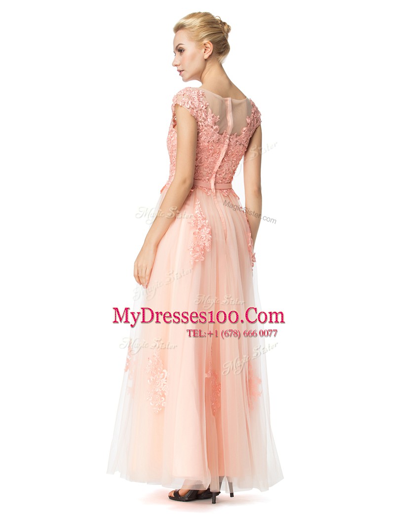 Customized Scoop Floor Length Peach Dress for Prom Tulle Cap Sleeves Lace