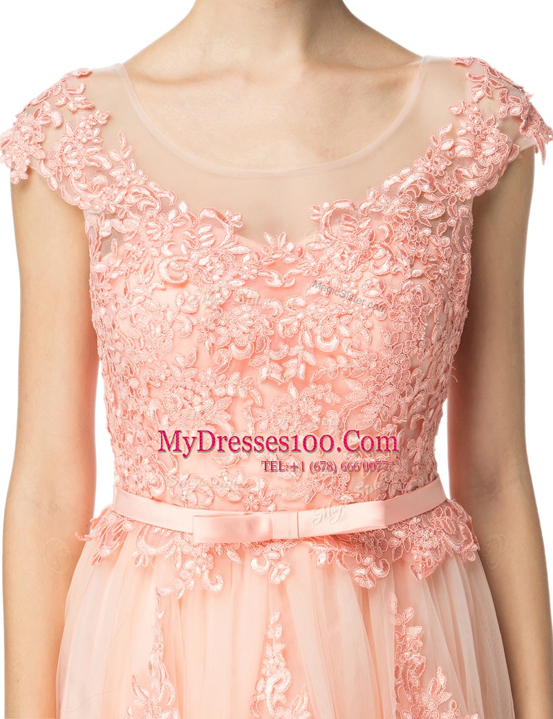 Customized Scoop Floor Length Peach Dress for Prom Tulle Cap Sleeves Lace