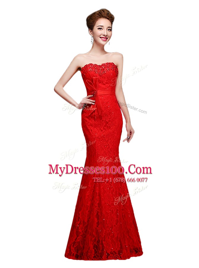Red Mermaid Strapless Sleeveless Lace Floor Length Lace Up Lace Prom Evening Gown