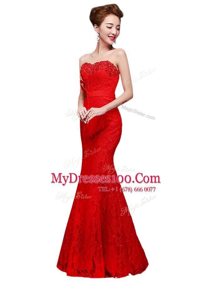 Red Mermaid Strapless Sleeveless Lace Floor Length Lace Up Lace Prom Evening Gown