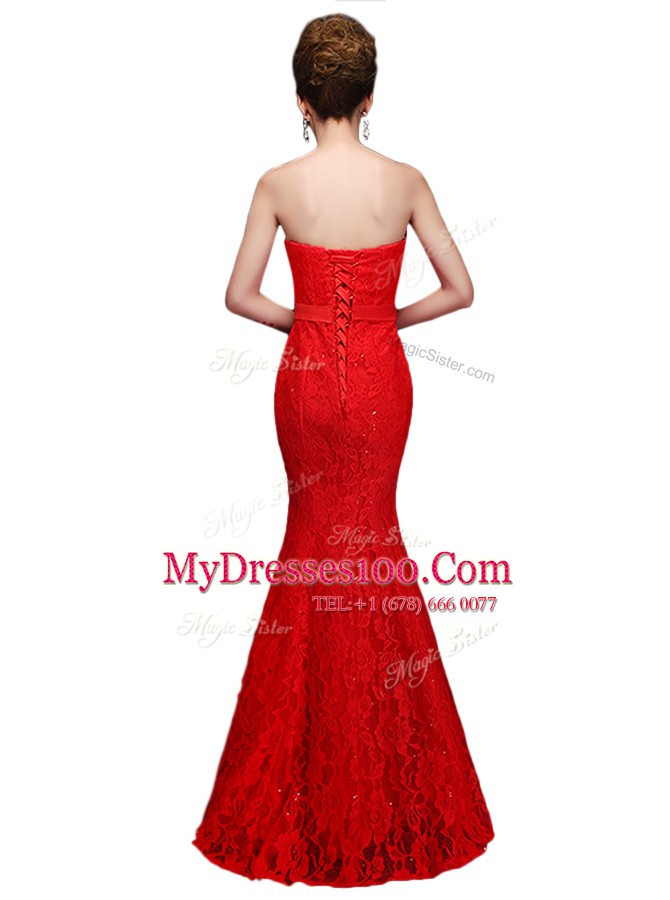 Red Mermaid Strapless Sleeveless Lace Floor Length Lace Up Lace Prom Evening Gown