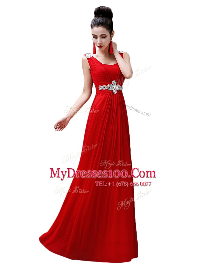 Chiffon V-neck Sleeveless Zipper Beading Prom Dress in Red