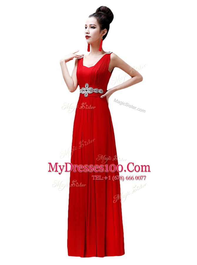 Chiffon V-neck Sleeveless Zipper Beading Prom Dress in Red