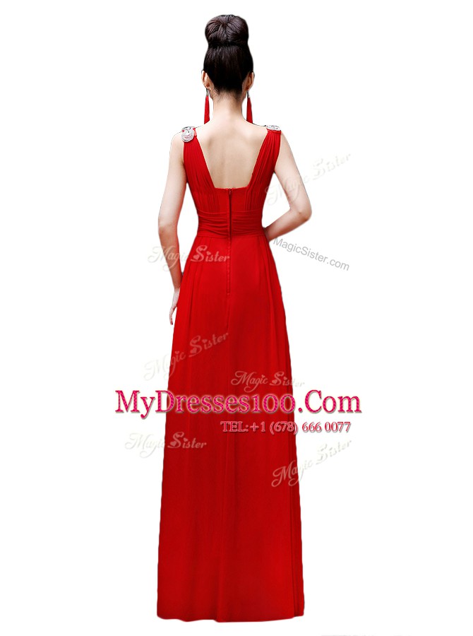 Chiffon V-neck Sleeveless Zipper Beading Prom Dress in Red