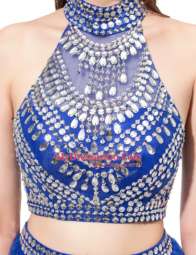 Custom Made Royal Blue Square Criss Cross Beading Prom Dresses Sleeveless
