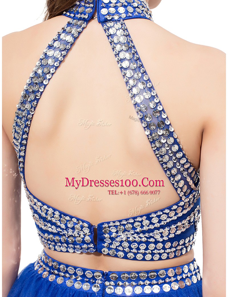 Custom Made Royal Blue Square Criss Cross Beading Prom Dresses Sleeveless