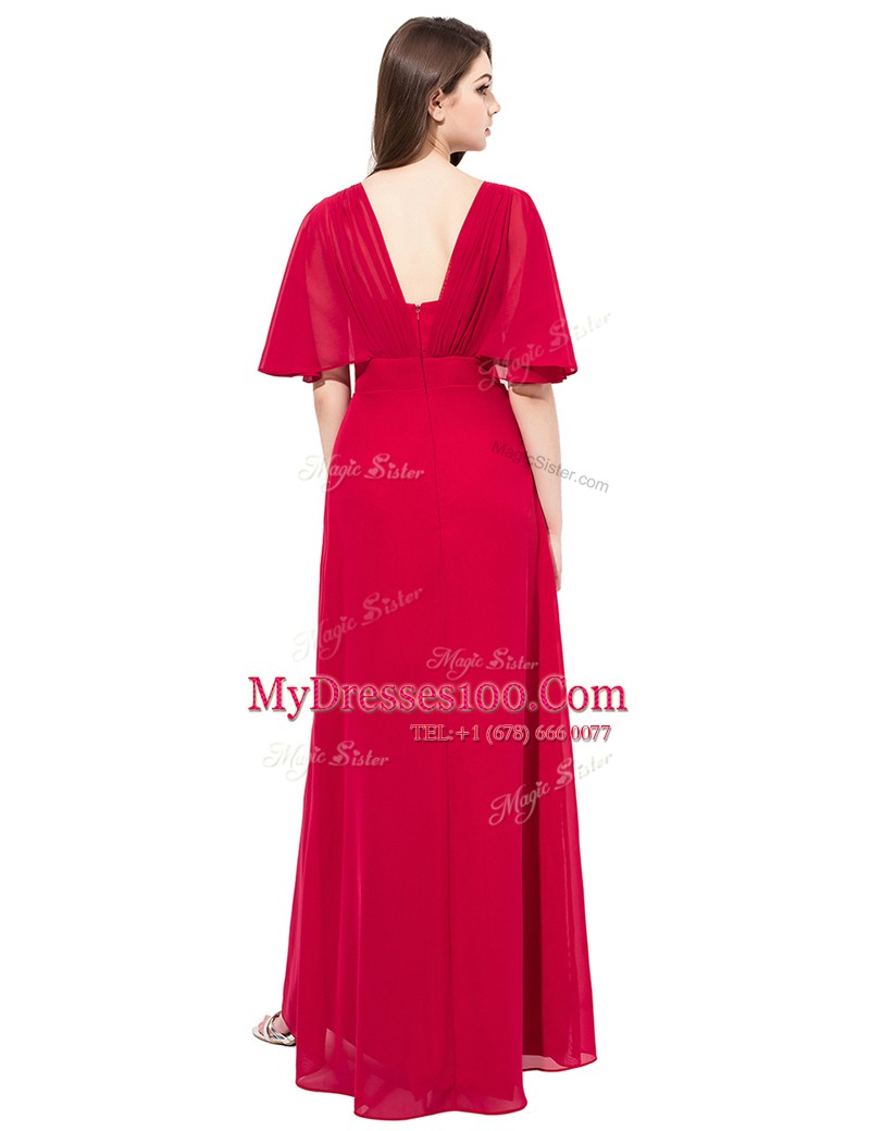 Lovely Satin V-neck Half Sleeves Zipper Beading Dress for Prom in Coral Red