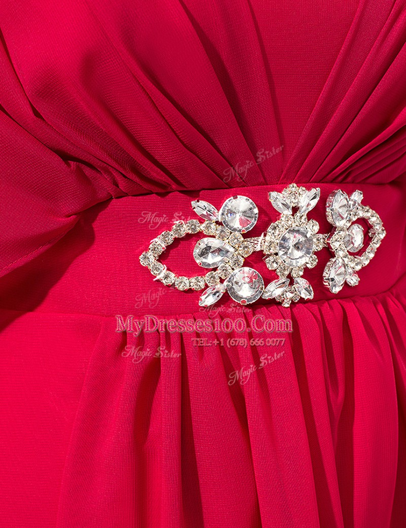 Lovely Satin V-neck Half Sleeves Zipper Beading Dress for Prom in Coral Red