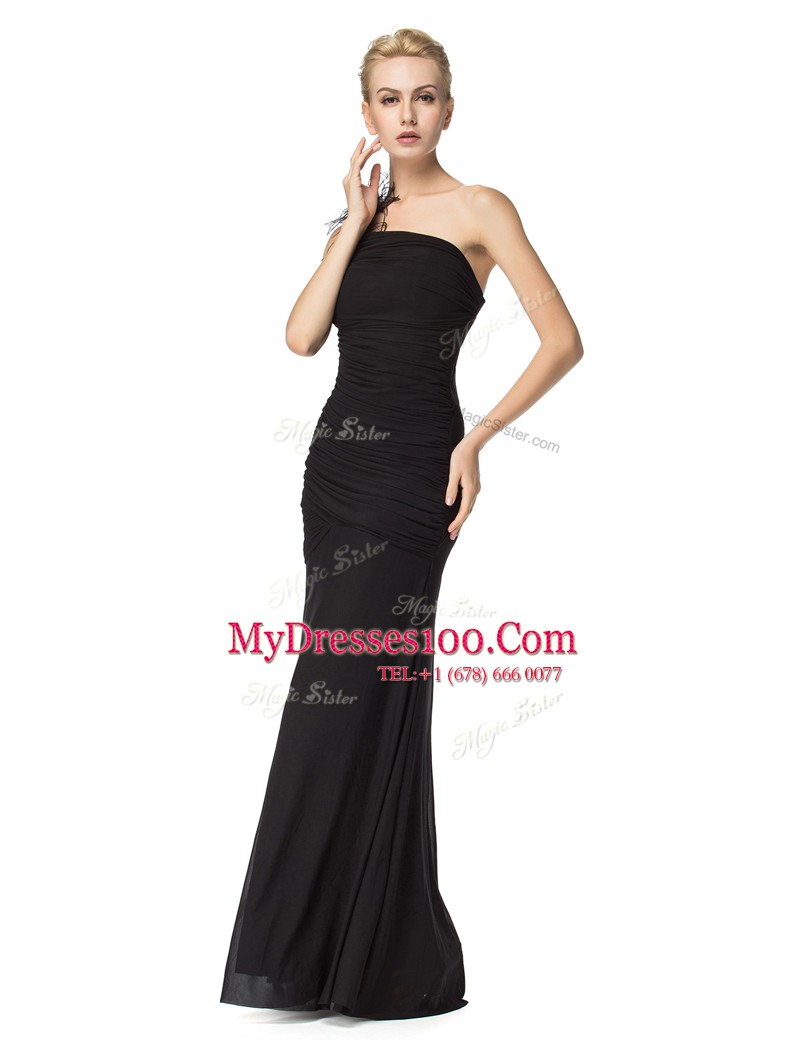 One Shoulder Sleeveless Prom Evening Gown Floor Length Ruching Black Chiffon