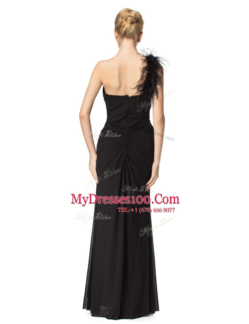 One Shoulder Sleeveless Prom Evening Gown Floor Length Ruching Black Chiffon