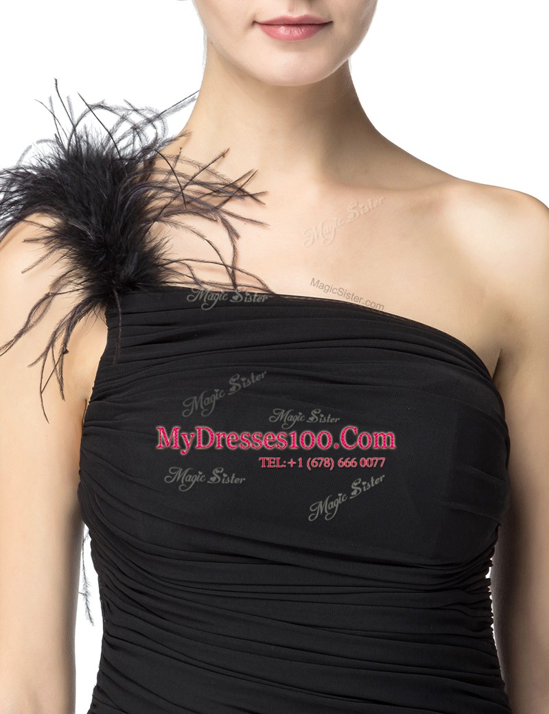 One Shoulder Sleeveless Prom Evening Gown Floor Length Ruching Black Chiffon